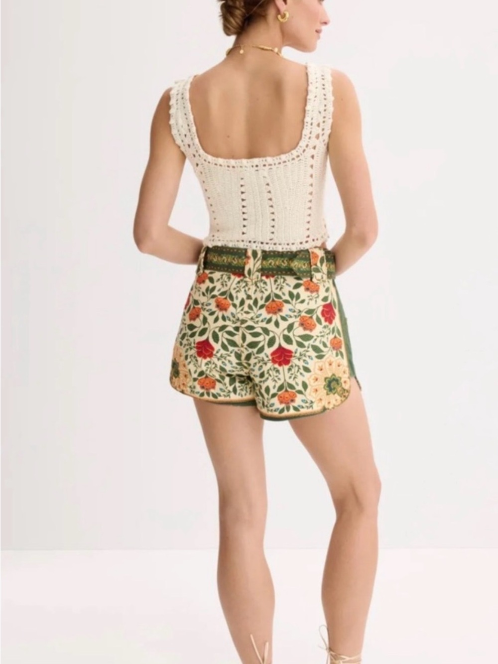 FARM Rio Embroidered High-Waist Floral Shorts in Cream, Green & Orange - Picture 3 of 4